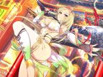  1girl architecture axe blonde_hair blush breasts china_dress chinese_clothes chinese_text cleavage detached_sleeves dress east_asian_architecture floral_print flower frills halberd headdress holding holding_polearm holding_weapon large_breasts long_hair looking_at_viewer mole mole_under_mouth official_art polearm red_eyes senran_kagura senran_kagura_new_wave senran_kagura_shinovi_versus shiki_(senran_kagura) shin_guards shiny_skin slippers smile solo standing standing_on_one_leg thighhighs tiara translation_request weapon white_flower white_thighhighs wide_hips yaegashi_nan 