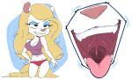  2023 animaniacs anthro blonde_hair blue_eyeshadow clothing crotch_lines eyeshadow female fur gaping_mouth hair lecigzz makeup mammal midriff minerva_mink mink mouth_shot mustelid musteline navel open_mouth panties shirt solo tank_top tongue tongue_out topwear true_musteline underwear uvula warner_brothers white_body white_fur 