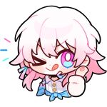  1girl :p black_choker buttons chibi choker earrings english_commentary honkai:_star_rail honkai_(series) jewelry light_blush long_sleeves looking_at_viewer march_7th_(honkai:_star_rail) medium_hair official_art one_eye_closed pink_hair solo thumbs_up tongue tongue_out transparent_background upper_body v-shaped_eyebrows 