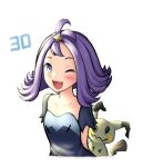  ;d acerola_(pokemon) ahoge blue_eyes collarbone dress hair_ornament hairclip looking_at_viewer mimikyu one_eye_closed open_mouth pinguinkotak pokemon pokemon_(creature) pokemon_(game) pokemon_sm purple_dress purple_hair short_hair short_sleeves smile upper_body 