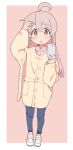  1girl :o ahoge blue_pants brown_eyes cellphone coat collared_shirt commentary_request full_body genderswap genderswap_(mtf) grey_hair hand_in_own_hair holding holding_phone kayabakoro loafers long_hair long_sleeves looking_at_viewer no_socks onii-chan_wa_oshimai! open_mouth outside_border oyama_mahiro pants phone pink_background pink_shirt shirt shoes smartphone solo standing white_coat white_footwear 