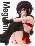  1girl bandeau bare_shoulders belt black_capelet black_gloves black_hair blush boots breasts brown_footwear capelet character_name gloves hair_between_eyes highres knees_up kono_subarashii_sekai_ni_shukufuku_wo! looking_at_viewer megumin miniskirt red_eyes red_skirt short_hair_with_long_locks sidelocks siraha sitting skirt small_breasts smile solo thigh_boots 