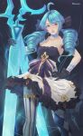  1girl absurdres ahoge artist_name asymmetrical_legwear black_bow black_dress black_gloves blue_eyes blue_hair bow breasts collarbone detached_sleeves dress drill_hair feet_out_of_frame frilled_dress frills gloves gwen_(league_of_legends) hair_bow hand_on_own_hip hand_up heterochromia highres holding holding_scissors large_breasts league_of_legends long_hair looking_at_viewer mismatched_legwear oversized_object parted_lips plaid_thighhighs red_eyes redsteak scissors solo strapless strapless_dress striped striped_thighhighs teeth thighhighs twin_drills twintails white_dress 