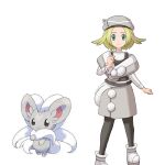  1girl beret bianca_(pokemon) black_pantyhose black_vest blonde_hair cinccino cinccino_(cosplay) clenched_hands closed_mouth cosplay eyelashes ffccll green_eyes grey_headwear grey_skirt hand_up hat long_sleeves looking_at_viewer pantyhose pokemon pokemon_(creature) pokemon_(game) pokemon_bw2 pokemon_masters_ex reference_inset shirt skirt smile standing vest white_background white_footwear white_shirt 