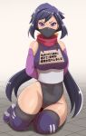  1girl angry ayame_(gundam_build_divers) black_mask boots breasts detached_sleeves gundam gundam_build_divers highres knee_boots large_breasts leotard long_hair looking_at_viewer mask mokocchi_(susanootransam) mouth_mask ninja ninja_mask placard purple_eyes purple_hair red_scarf scarf sign solo split_ponytail thighhighs translation_request 