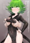  1girl black_dress blush breasts curly_hair disembodied_limb dress green_eyes green_hair grey_background groping hand_on_own_hip highres irokohaku long_sleeves no_panties one-punch_man short_hair steaming_body sweat tatsumaki translation_request 