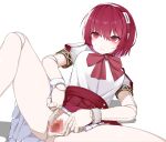  1girl :&lt; absurdres android bare_legs blush bob_cut breasts censored closed_mouth commentary_request cuffs dorothy_haze feet_out_of_frame hair_between_eyes hairband highres joints large_breasts light_frown mosaic_censoring neck_ribbon pale_skin puffy_short_sleeves puffy_sleeves pussy red_eyes red_hair red_ribbon red_skirt ribbon robot_joints shirt short_hair short_sleeves simple_background sitting skirt solo spread_legs spread_pussy va-11_hall-a white_background white_shirt white_skirt yanagui 
