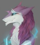  2016 akrolayn anthro artist_name blue_eyes blue_sclera bust_portrait cheek_tuft countershading digital_media_(artwork) digital_painting_(artwork) eye_markings facial_tuft female fur glowing glowing_eyes grey_background hi_res mammal markings multicolored_body multicolored_fur neck_tuft pink_body pink_fur portrait red_markings sergal shaded signature simple_background smile solo three-quarter_view tuft two_tone_body two_tone_fur unavailable_at_source white_body white_countershading white_fur 