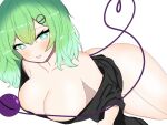  1girl :d ass blush bottomless breasts bright_pupils collarbone commentary_request green_eyes green_hair hair_ornament heart heart_of_string highres huge_breasts komeiji_koishi looking_at_viewer open_mouth short_hair simple_background smile solo third_eye tokihakonbu touhou white_background white_pupils 