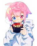  1boy :o absurdres blowing blowing_on_food blue_eyes blush blush_stickers bowl bright_pupils commentary_request cowlick food heterochromia highres holding holding_bowl hood hood_down hoodie light_blush long_sleeves looking_down male_focus original parted_lips pink_hair raito-kun_(uenomigi) red_eyes simple_background solo soup uenomigi upper_body v-shaped_eyebrows white_background white_hoodie white_pupils 