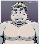  anthro bodily_fluids chubby_male common_hippopotamus hi_res highlights_(coloring) hippopotamid male mammal musclegut muscular muscular_male nipples ollie_baysch pecs slightly_chubby smile smiling_at_viewer solo sweat wanikami 