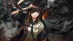  1girl artist_request black_hair black_jacket black_necktie braid brown_eyes check_artist closed_mouth embers eyepatch fire game_cg girls&#039;_frontline headphones headphones_around_neck infukun jacket light_smile long_hair long_sleeves looking_at_viewer m16a1_(girls&#039;_frontline) mole mole_under_eye multicolored_hair necktie official_art orange_hair salute scar scar_across_eye shirt single_braid smoke solo streaked_hair torn_jacket upper_body white_shirt yellow_armband 