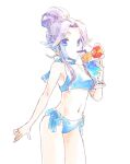  1girl blue_eyes breasts drink drinking drinking_straw drinking_straw_in_mouth esper_(saga) facial_mark jewelry looking_at_viewer navel no_s pointy_ears purple_hair saga saga_1 short_hair simple_background solo swimsuit white_background 