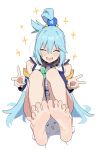  1girl 1other :d ^_^ aqua_(konosuba) bare_legs bare_shoulders barefoot blue_hair blush_stickers closed_eyes commentary cyjalway detached_sleeves double_v english_commentary facing_viewer feet foot_focus full_body hair_between_eyes highres kono_subarashii_sekai_ni_shukufuku_wo! light_blue_hair long_hair open_mouth simple_background sitting smile soles solo_focus sparkle toes v very_long_hair white_background 