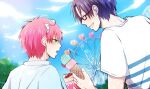  2boys amusement_park blue_hair cloud commentary_request crepe dark_blue_hair ferris_wheel food glasses green_eyes headgear holding holding_food holding_ice_cream ice_cream ice_cream_cone kuboyasu_aren male_focus multiple_boys open_mouth outdoors pink_hair saiki_kusuo saiki_kusuo_no_psi_nan short_hair short_sleeves teeth unkopantu upper_body upper_teeth_only 