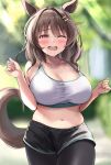  1girl animal_ears belly blurry blurry_background blush breasts brown_eyes brown_hair cowboy_shot day fingernails furrowed_brow girly_running gym_shorts half-closed_eye hand_up highres horse_ears horse_girl horse_tail large_breasts leggings light_hello_(umamusume) long_hair navel open_mouth outdoors plump running sg_(esujii) shorts skindentation solo sports_bra sportswear stomach sweat tail umamusume 