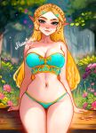  1girl artist_name blonde_hair blush braid breasts cleavage closed_mouth crown_braid highres large_breasts long_hair looking_at_viewer meowtastic princess princess_zelda smile solo the_legend_of_zelda the_legend_of_zelda:_tears_of_the_kingdom thighhighs underwear 