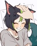  1boy :d ^_^ animal_ear_fluff animal_ears black_hair blunt_ends blush bob_cut brown_shirt closed_eyes commentary_request fox_boy fox_ears fox_tail genshin_impact green_hair green_tail grin headpat highres male_focus mofubii multicolored_hair shirt short_hair short_sleeves sketch smile solo streaked_hair tail tighnari_(genshin_impact) two-tone_hair upper_body white_background 