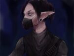  2019 akrolayn alien anthro black_clothing black_hair black_topwear black_vest brown_clothing brown_shirt brown_topwear bust_portrait clothed clothing digital_media_(artwork) digital_painting_(artwork) ear_piercing geodis_(species) grey_mask hair hi_res highlights_(coloring) mask multicolored_hair piercing pink_body pink_skin ponytail portrait purple_hair purple_highlights shirt short_hair solo topwear two_tone_hair unfinished vest 