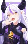  1girl absurdres ahoge black_collar braid coat collar finger_in_own_mouth highres hololive la+_darknesss la+_darknesss_(1st_costume) long_hair looking_at_viewer metal_collar multicolored_hair open_mouth pointy_ears purple_coat purple_hair shiinochi single_braid solo streaked_hair very_long_hair virtual_youtuber white_hair yellow_eyes 