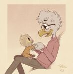  african_grey afrotropical_parrot anthro avian baby beak bird brown_clothing cheek_tuft chicken clothing crows_feet dated disney ducktales ducktales_(2017) duo eye_bags eye_contact eyewear facial_tuft fan_character father father_and_child father_and_son feathers fluffy fluffy_hair galliform gallus_(genus) glasses grey_body grey_feathers gyro_gearloose hair hand_holding head_tuft khaki_pants leucistic looking_at_another male neck_tuft on_lap onesie orange_beak orange_clothing parent parent_and_child parent_and_son parrot phasianid pink_background pink_beak pink_clothing pink_feet scut_tail shellyochunks short_tail signature simple_background son sweater tail tan_background tan_body tan_feathers topwear trans_(lore) trans_man_(lore) true_parrot tuft turtleneck white_body white_feathers yellow_background yellow_beak yellow_body yellow_eyes yellow_feathers yellow_sclera young 