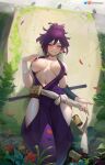  1girl areola_slip bandaged_wrist bandages bird black_armband breasts cameltoe clothes_pull crow greatodoggo grin highres hip_vent jigokuraku large_breasts looking_at_viewer navel ninja ninjatou plant purple_hair purple_robe robe sash short_hair short_sword smile solo sword topknot weapon white_sash wrist_guards yuzuriha_(jigokuraku) 