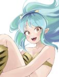  1girl :d animal_print aqua_hair bikini fengling_(furin-jp) fur_bikini highres horns long_hair looking_at_viewer lum oni oni_horns open_mouth orange_eyes pointy_ears print_footwear smile solo strapless strapless_bikini swimsuit tiger_print urusei_yatsura white_background yellow_bikini 