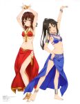  2girls absurdres anklet arabian_clothes arm_up armband armpits arms_up bikini black_hair blue_bikini blue_sarong blush bracelet breasts brown_eyes brown_hair cleavage closed_mouth dancing gem hair_ornament high_school_fleet highres jewelry jiang_yifan kuroki_hiromi long_hair looking_at_viewer mc_axis multiple_girls munetani_mashiro navel official_art open_mouth ponytail red_bikini red_eyes red_sarong sarong scan simple_background small_breasts smile standing swimsuit white_background 
