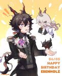  2boys absurdres animal_ears animalization arknights ascot ass axenyan black_hair black_suit bright_pupils chibi commentary dated ebenholz_(arknights) english_commentary english_text epaulettes formal full_body gift goat goat_boy goat_ears goat_horns hands_up happy_birthday highres holding holding_gift horns kreide_(arknights) long_hair long_sleeves looking_at_another multiple_boys open_mouth ponytail purple_eyes suit surprised twitter_username upper_body wavy_hair white_ascot white_hair white_pupils white_suit 