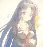  1girl :d aiyan arm_under_breasts black_hair black_jacket blush breast_hold breasts cleavage commentary_request dress_shirt eyelashes hair_ribbon heart jacket kurugaya_yuiko large_breasts little_busters! long_hair looking_at_viewer open_mouth parted_bangs purple_eyes ribbon shirt simple_background sketch smile solo straight_hair upper_body very_long_hair white_shirt yellow_background yellow_ribbon 