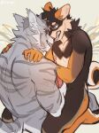  anthro back_muscles blue_eyes brown_body brown_fur canid canine canis clenched_teeth domestic_dog duo faces_touching facing_each_other fur genitals grey_body grey_eyes grey_fur grey_stripes hand_on_penis handjob hands_on_shins hemuchang hi_res male male/male mammal masturbation nipples on_lap orange_body orange_ears orange_fur penile penile_masturbation penis penis_on_penis sex stripes teeth white_body white_fur 
