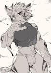  5_fingers anthro biped bulge claws eyebrows felid fingers fur hi_res kemono kogenta_(onmyou_taisenki) male mammal milkytiger1145 monochrome onmyou_taisenki solo striped_body striped_fur stripes tail 