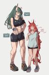  2girls absurdres arknights black_shorts black_sports_bra bottle braid breasts clothes_pull commentary demon_horns english_commentary english_text full_body green_hair grey_background height_difference highres holding holding_bottle horns hoshiguma_(arknights) knees_together_feet_apart large_breasts long_hair medium_breasts multiple_girls muscular muscular_female navel oni_horns open_mouth oripathy_lesion_(arknights) pointy_ears ponytail red_eyes red_hair scar shirt shirt_pull shorts simple_background single_horn skin-covered_horns speech_bubble sports_bra stomach sweat t-shirt togekk0 very_long_hair vigna_(arknights) white_shirt yellow_eyes 