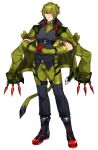  1boy boots closed_mouth facial_mark full_body gloves green_hair green_jacket haxorus jacket jacket_on_shoulders katagiri_hachigou male_focus open_clothes open_jacket own_hands_together personification pokemon red_eyes red_gloves short_hair simple_background solo white_background 