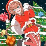  1girl belt black_footwear blue_eyes blue_hair braid brown_hair christmas_tree fate/grand_order fate_(series) gift hat highres holding holding_sack long_hair navel open_mouth pantyhose red_pantyhose red_shirt red_shorts sack santa_costume santa_hat shimogamo_(shimomo_12) shirt shorts snowing solo van_gogh_(fate) white_mittens 