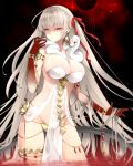  1girl armlet bare_shoulders belly_chain body_markings bracelet breasts cleavage collarbone colored_skin durga_(fate) earrings facial_mark fate/grand_order fate_(series) forehead_mark gradient_skin grey_hair hair_ribbon hazuki-a highres jewelry large_breasts long_hair looking_at_viewer pelvic_curtain red_eyes red_skin revealing_clothes ribbon sash shaded_face snake solo thighs thumb_ring very_long_hair wading water 