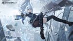  1girl ahoge building falling glass_shards gun highres holding holding_gun holding_weapon long_hair lyfe_(snowbreak) official_art skyscraper snow snowbreak:_containment_zone snowing thighhighs weapon white_hair yellow_eyes 