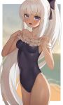  1girl absurdres adjusting_clothes adjusting_swimsuit beach black_one-piece_swimsuit blue_archive blunt_bangs blurry bow collarbone commentary depth_of_field frilled_one-piece_swimsuit frills gimseol hair_between_eyes hair_bow hair_ribbon highres leaning_back long_hair looking_at_viewer miyako_(blue_archive) miyako_(swimsuit)_(blue_archive) ocean official_alternate_costume official_alternate_hairstyle one-piece_swimsuit outdoors ponytail purple_eyes ribbon sidelocks sleeveless solo swimsuit white_hair 