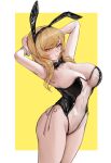  absurdres animal_ears areola_slip armpits arms_up black_bow black_bowtie blonde_hair blue_eyes bow bowtie breasts brown_eyes cleavage closed_mouth covered_navel cowboy_shot detached_collar fake_animal_ears gdhs heterochromia highleg highleg_leotard highres large_breasts leaning_back leotard long_hair looking_at_viewer meme_attire nontraditional_playboy_bunny original rabbit_ears see-through see-through_leotard simple_background stretching swept_bangs translucent_bunnysuit wrist_cuffs 