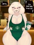  5_fingers anthro apron apron_only areola barista beverage big_breasts bodily_fluids bodily_fluids_through_clothing boss_monster bovid breasts caprine cleavage clothed clothing coffee coffee_cup container cup curvy_figure deltarune eyebrows eyelashes female fingers floppy_ears fur green_apron hi_res holding_container holding_cup holding_marker holding_object horn i_mean_breast_milk inside jacksito lactating logo_on_clothing mammal marker mature_anthro mature_female meme milk mostly_nude pink_areola pink_eyes side_boob smile solo speech_bubble starbucks tagme text toriel undertale undertale_(series) voluptuous voluptuous_female white_body white_fur wide_hips 