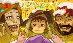  1boy 2girls :d absurdres beard black_hair blush brown_hair brown_headwear confetti crying facial_hair fingerless_gloves gin_(tokyo_godfathers) gloves green_scarf hana_(tokyo_godfathers) hat highres hood miyuki_(tokyo_godfathers) multiple_girls own_hands_together red_headwear scarf short_hair smile snow teeth tokyo_godfathers user_yfjz4385 yellow_background 