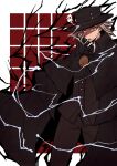  1boy ascot black_ascot black_cloak black_headwear black_pants black_vest buttons cigarette cloak commentary_request edmond_dantes_(fate) fate/grand_order fate_(series) feet_out_of_frame grid_background hat highres kuri_dora light_brown_hair looking_at_viewer male_focus orange_eyes pants red_background short_hair skull smoke smoking solo standing vest white_background 