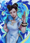  1girl alterity arm_behind_back black_hair blue_dress bow bracelet brown_eyes china_dress chinese_clothes chun-li double_bun dress gold_bracelet hair_bow hair_bun hair_ribbon highres jewelry ribbon street_fighter street_fighter_6 