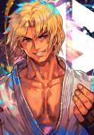  1boy blonde_hair brown_gloves collarbone fingerless_gloves gloves hungry_clicker ken_masters male_focus muscular muscular_male official_alternate_costume parted_bangs pectoral_cleavage pectorals shirt smile solo street_fighter street_fighter_6 umehara_daigo upper_body v-shaped_eyebrows white_shirt 