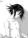  1boy closed_mouth collarbone commentary_request danganronpa_(series) danganronpa_v3:_killing_harmony dated ewa_(seraphhuiyu) flipped_hair greyscale hair_between_eyes highres looking_at_viewer male_focus medium_hair monochrome oma_kokichi shirt signature smile topless_male undressing 