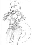  2023 absurd_res anthro belt beverage black_and_white bottomwear breasts chochi clothing container cup denim denim_clothing drinking_glass female glass glass_container glass_cup graphite_(artwork) hand_on_hip hi_res jeans jewelry looking_at_viewer mohawk monochrome necklace pants pencil_(artwork) scalie sketch solo straw sweater topwear traditional_media_(artwork) turtleneck 