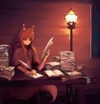  1girl absurdres animal_ears book brown_hair closed_mouth erroten highres holding holo lamp long_hair paper pouch sitting solo spice_and_wolf studying table tail wolf_ears wolf_girl wolf_tail writing 