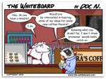  anthro bear cara_(the_whiteboard) clothed clothing coffeeshop comic_panel doc_(the_whiteboard) doc_nickel english_text female fur hair holding_object low_res male male/female mammal polar_bear procyonid raccoon roger_(the_whiteboard) shirt speech_bubble text the_whiteboard topwear ursine webcomic webcomic_character white_body white_fur 