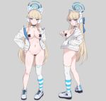  1girl alternate_costume animal_ear_headphones animal_ears ass black_pasties blonde_hair blue_archive blue_eyes blunt_bangs blush bow breasts cat_ear_headphones choker cleavage closed_mouth collarbone cross_pasties fake_animal_ears full_body grey_background groin hair_ornament hair_ribbon halo hand_in_pocket headphones highres jacket long_hair long_sleeves looking_at_viewer maebari multiple_views naked_jacket navel open_clothes open_jacket pasties ribbon shoes simple_background single_thighhigh sirokuma smile sneakers standing tape tape_on_nipples tape_on_pussy thighhighs toki_(blue_archive) 