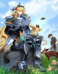  1boy 1girl absurdres armor barghest_(fate) barghest_(first_ascension)_(fate) belt bird black_gloves black_hair black_jacket blonde_hair blue_sky blush breastplate breasts bug butterfly closed_eyes fate/grand_order fate_(series) faulds fawn flower fujimaru_ritsuka_(male) fujimaru_ritsuka_(male)_(polar_chaldea_uniform) gauntlets gloves grass greaves green_eyes grey_pants hair_flower hair_ornament highres horns jacket large_breasts long_hair looking_at_viewer obazzotto open_mouth pants pauldrons pouch quail rabbit rock short_hair short_sleeves shoulder_armor sitting sky smile squirrel 